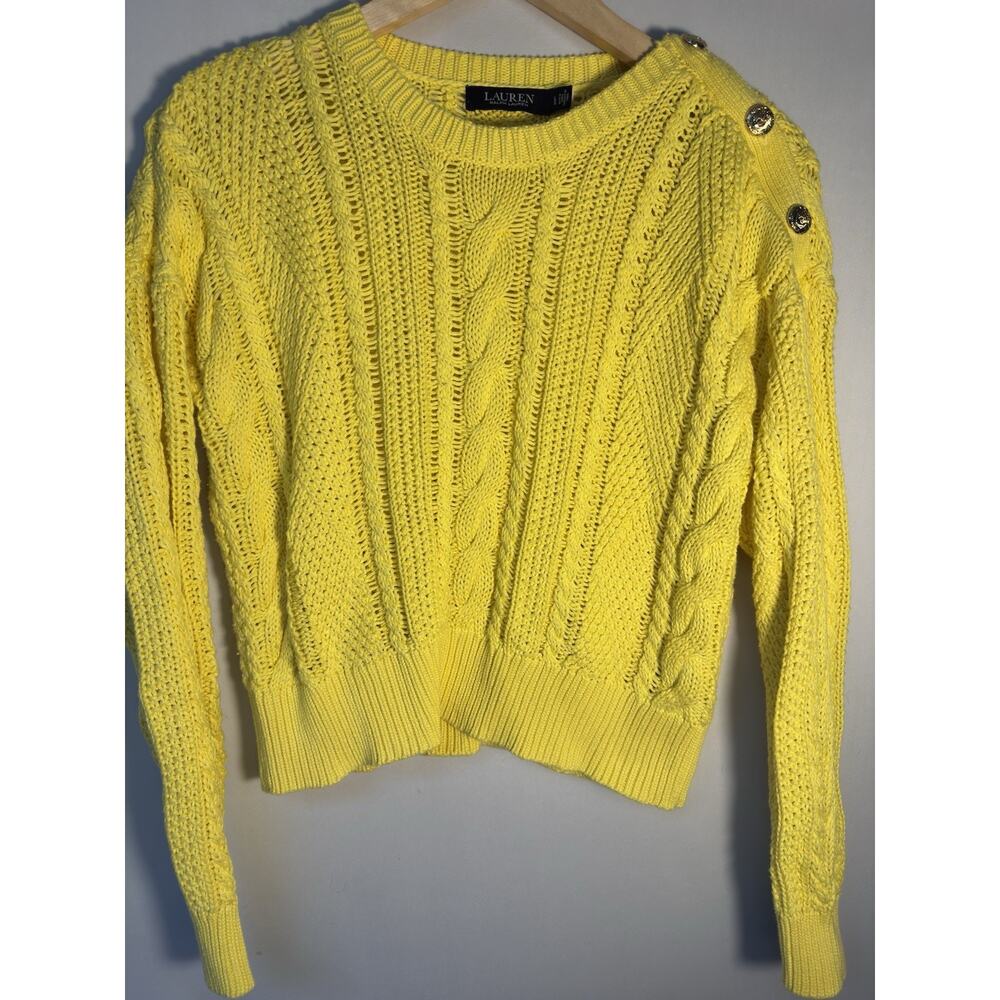 Lauren Ralph Lauren Cable‎ Knit Cropped Sweater Yellow Shoulder Buttons L
